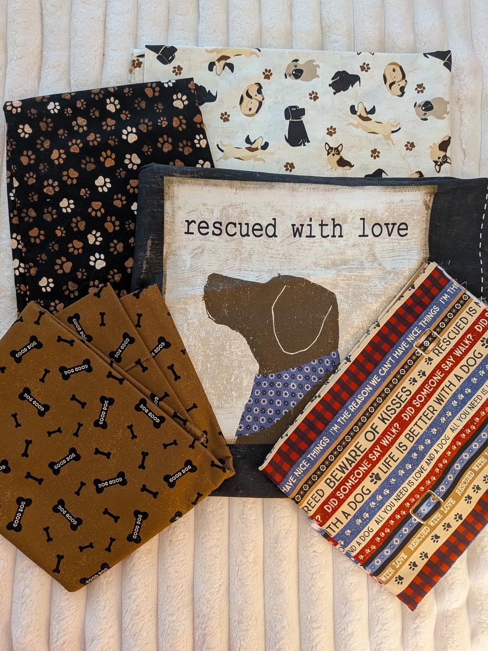 Rescued With Love Dog-Themed Fabric Panel - Brown/Cream/Black